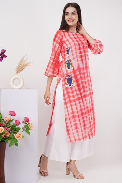 Coral Tie and Dye Owl Motif Kurta Set