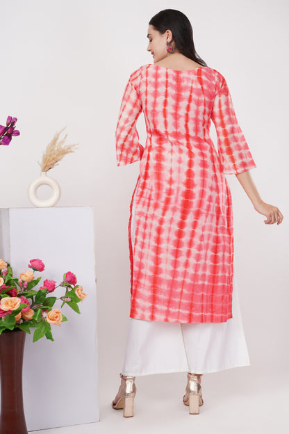 Coral Tie and Dye Owl Motif Kurta Set