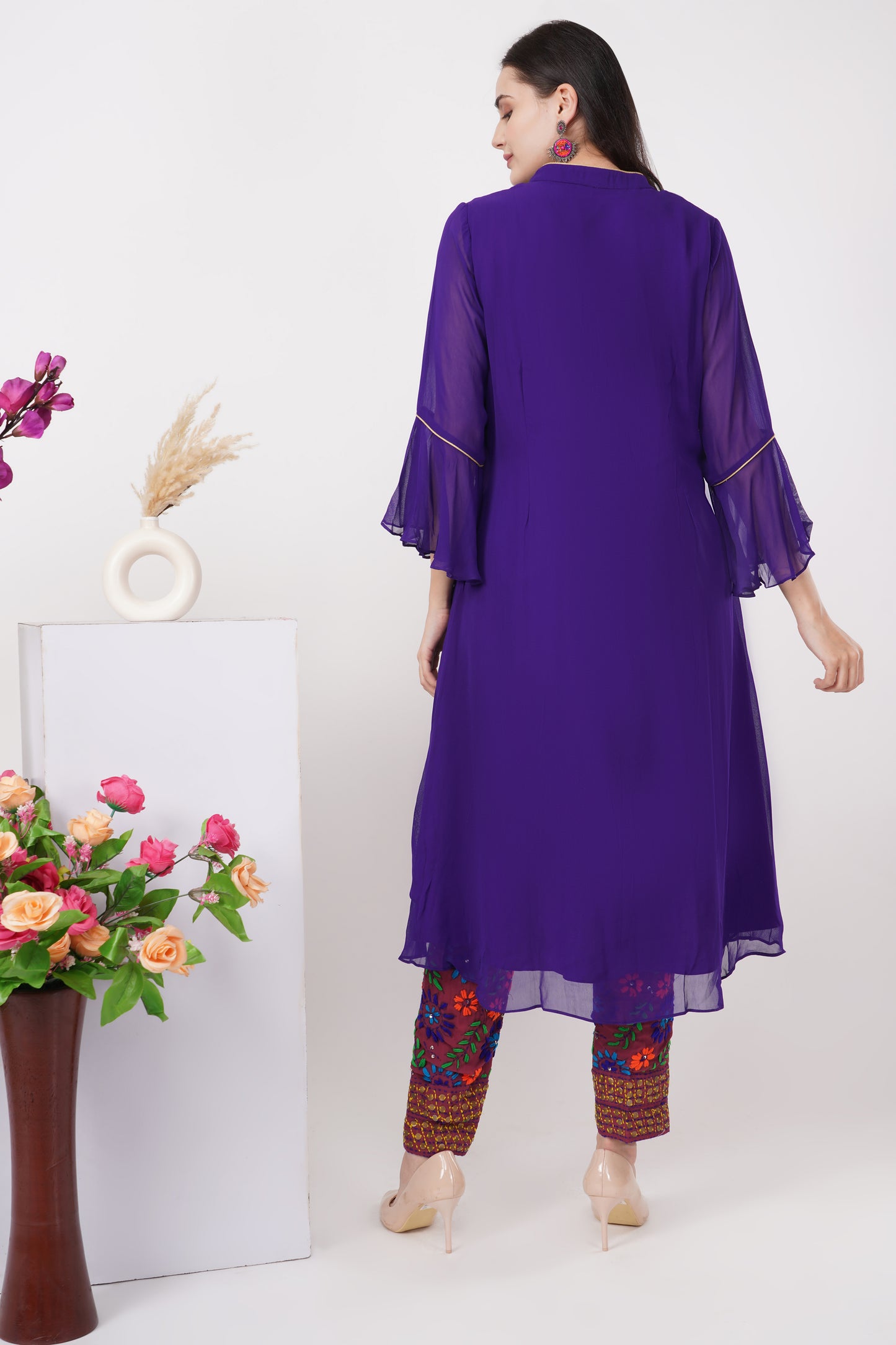 Solid Purple Kurta Set with Phulkari Pants