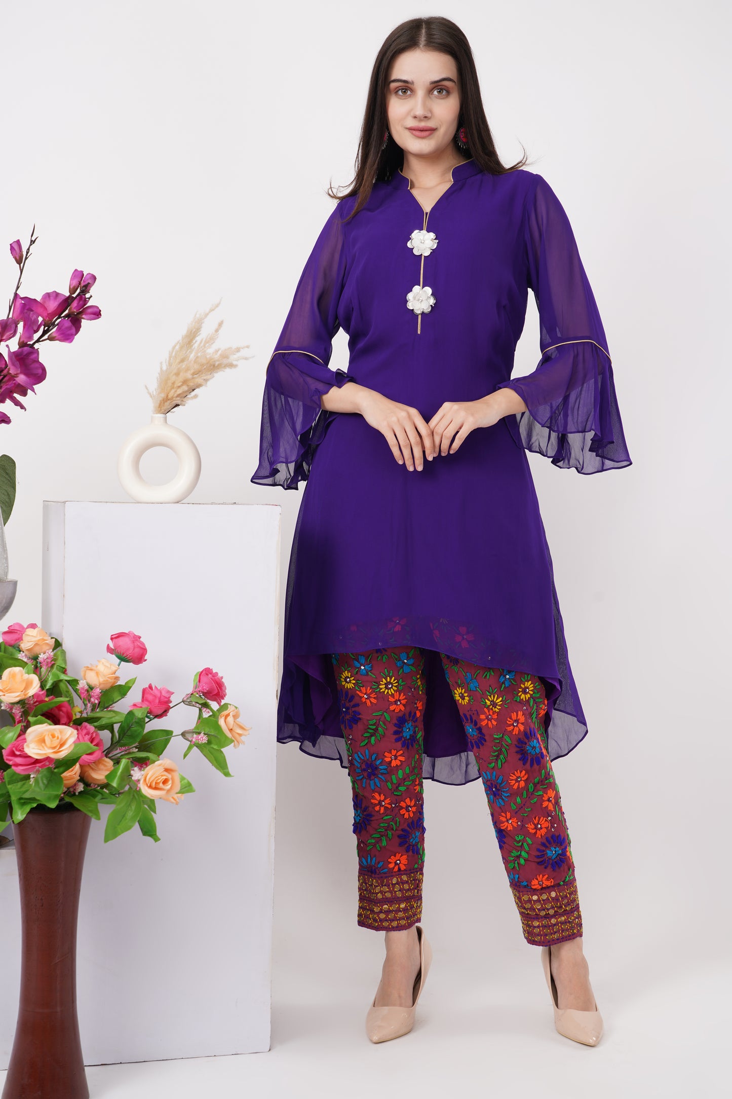 Solid Purple Kurta Set with Phulkari Pants