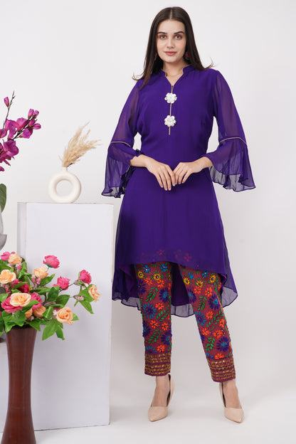 Solid Purple Kurta Set with Phulkari Pants
