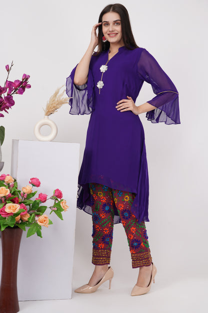 Solid Purple Kurta Set with Phulkari Pants