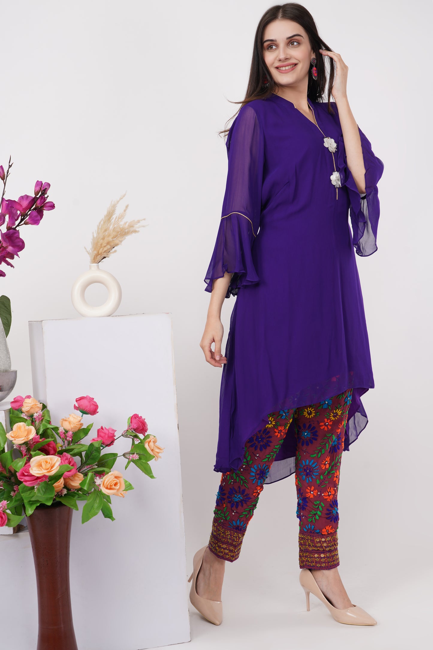 Solid Purple Kurta Set with Phulkari Pants