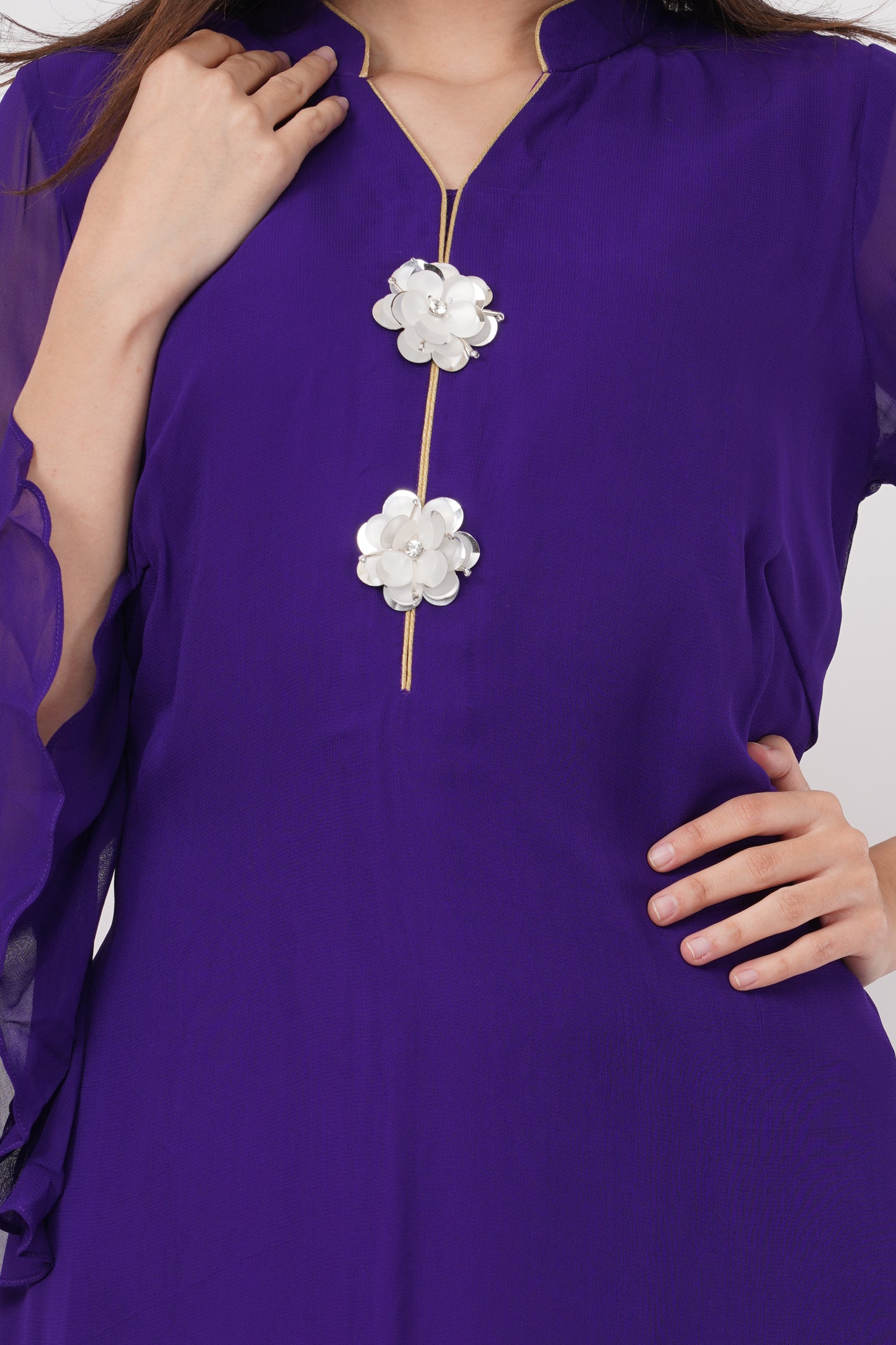 Solid Purple Kurta Set with Phulkari Pants