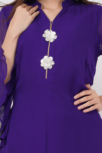 Solid Purple Kurta Set with Phulkari Pants