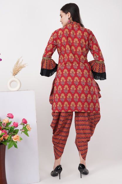 Brick Red Printed Kurta Dhoti Set
