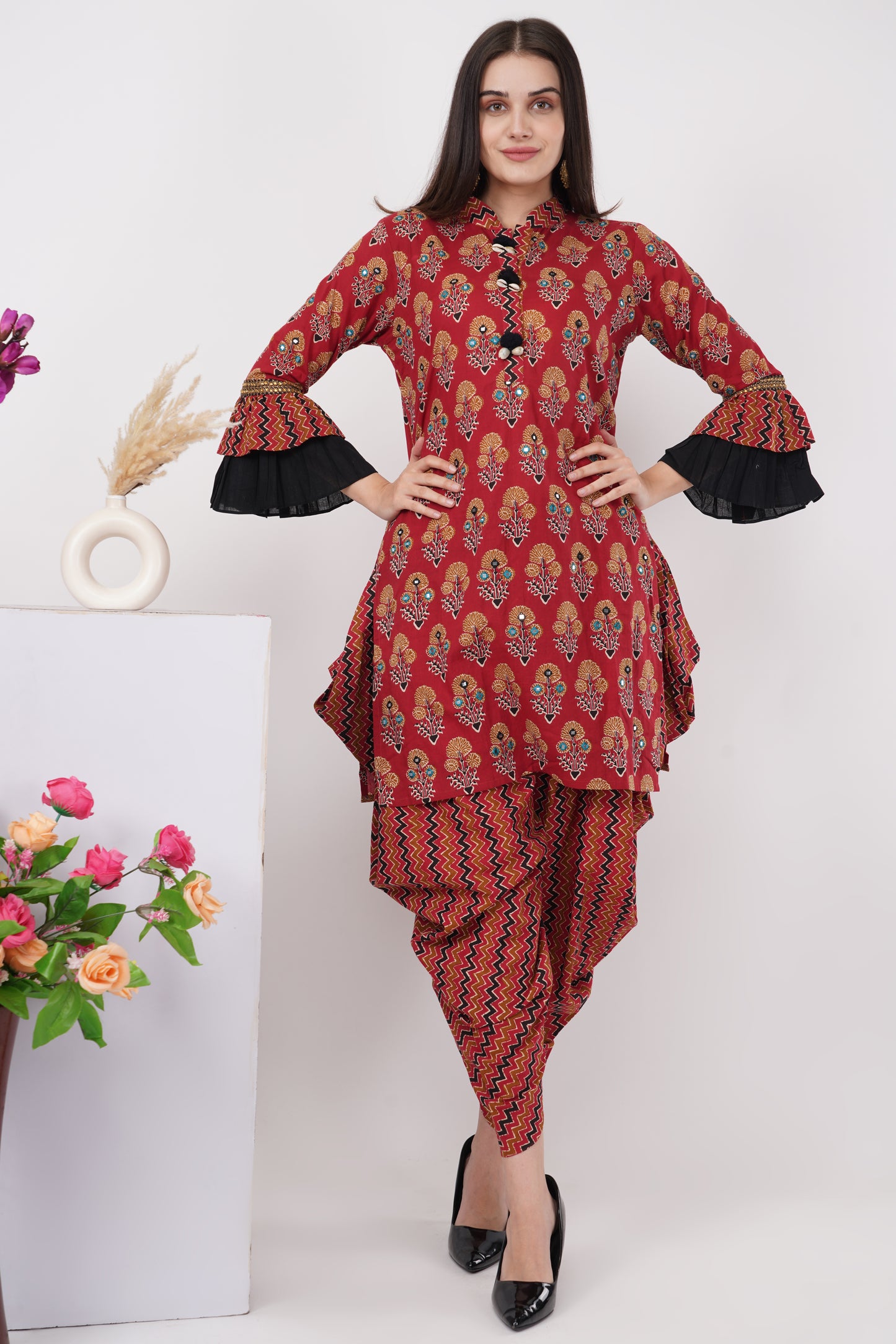 Brick Red Printed Kurta Dhoti Set