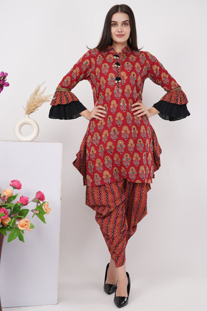 Brick Red Printed Kurta Dhoti Set