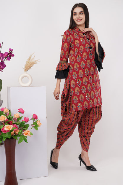 Brick Red Printed Kurta Dhoti Set