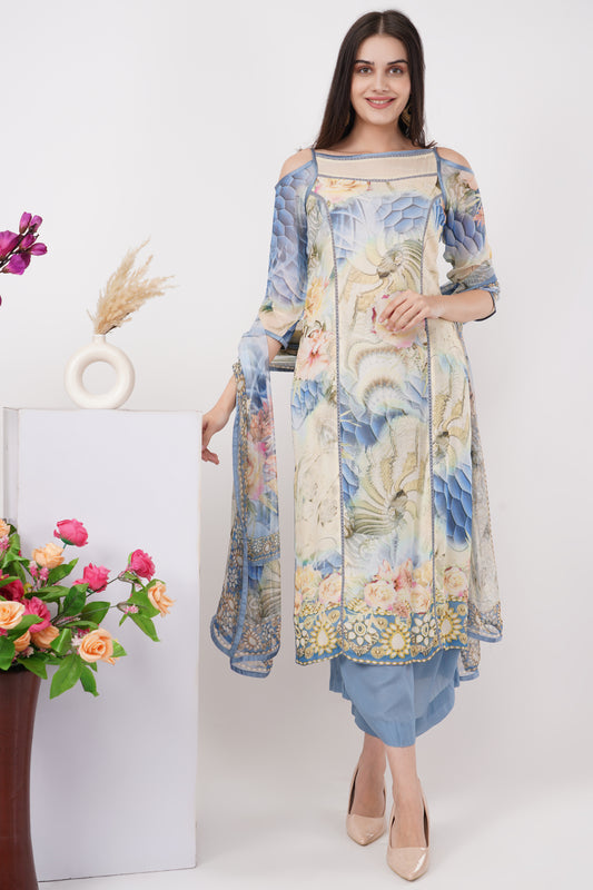 Blue and Ivory Digital Print Kurta Set