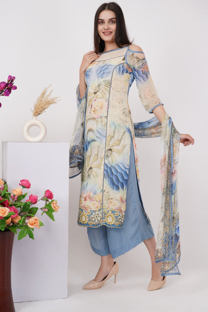 Blue and Ivory Digital Print Kurta Set