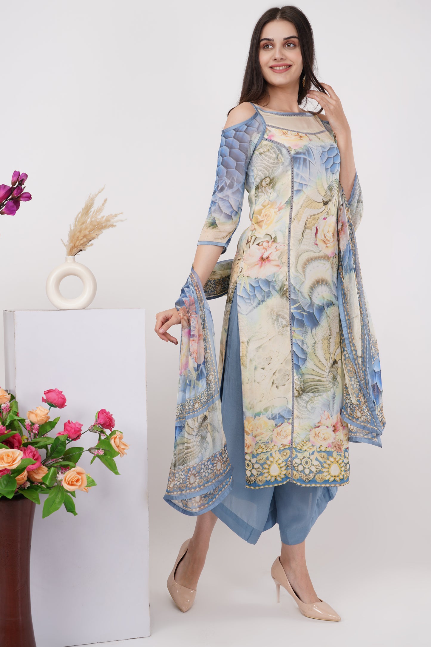 Blue and Ivory Digital Print Kurta Set