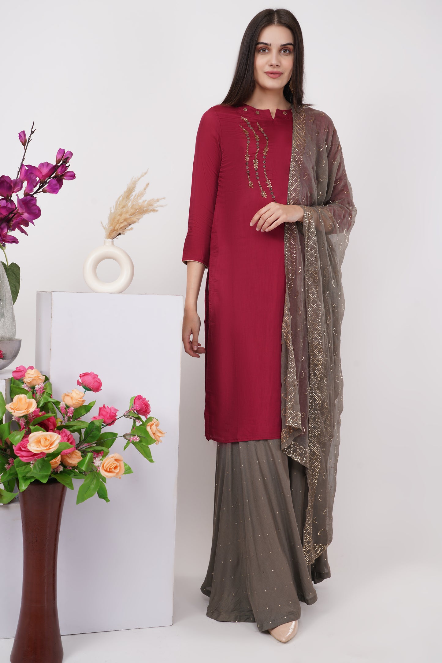 Red and Grey Crystal work Kurta Set