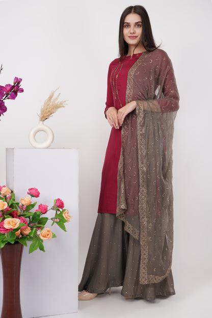 Red and Grey Crystal work Kurta Set