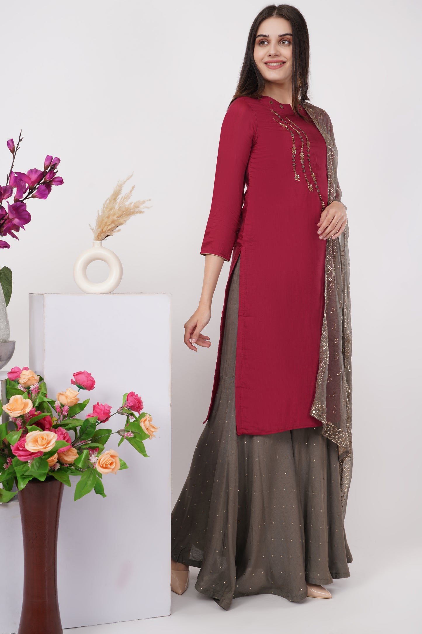 Red and Grey Crystal work Kurta Set