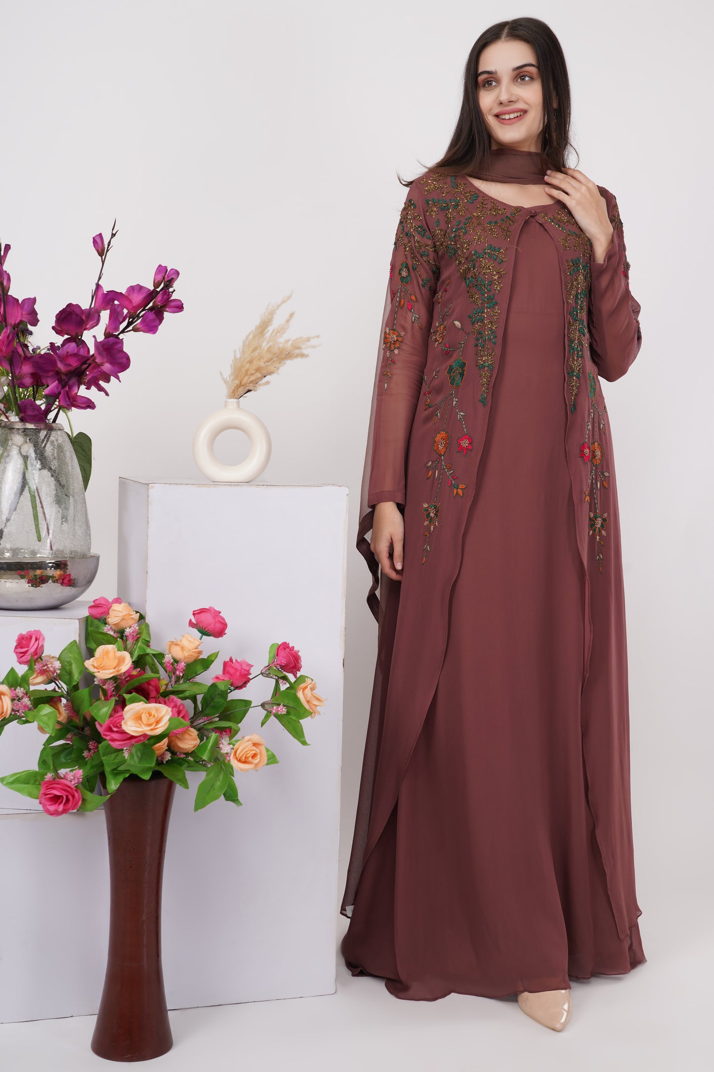 Brown Embroidered Kurta Set with Jacket