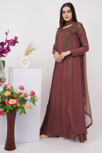 Brown Embroidered Kurta Set with Jacket