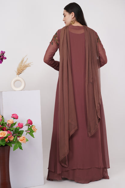 Brown Embroidered Kurta Set with Jacket