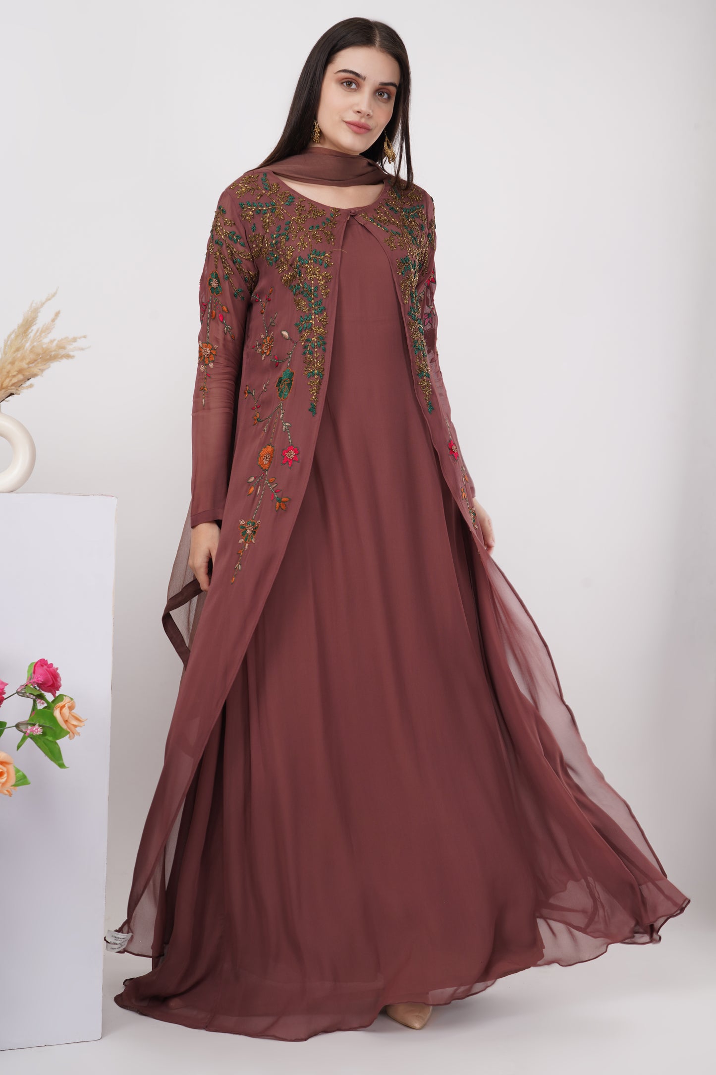Brown Embroidered Kurta Set with Jacket