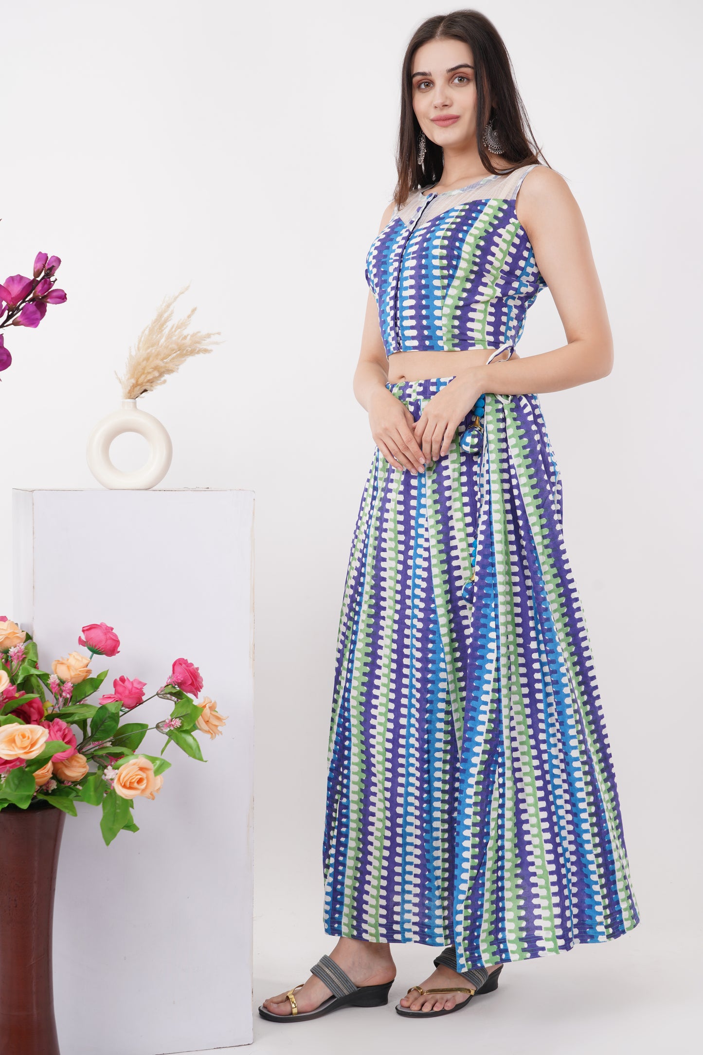 Blue and White Lehenga Saree Set