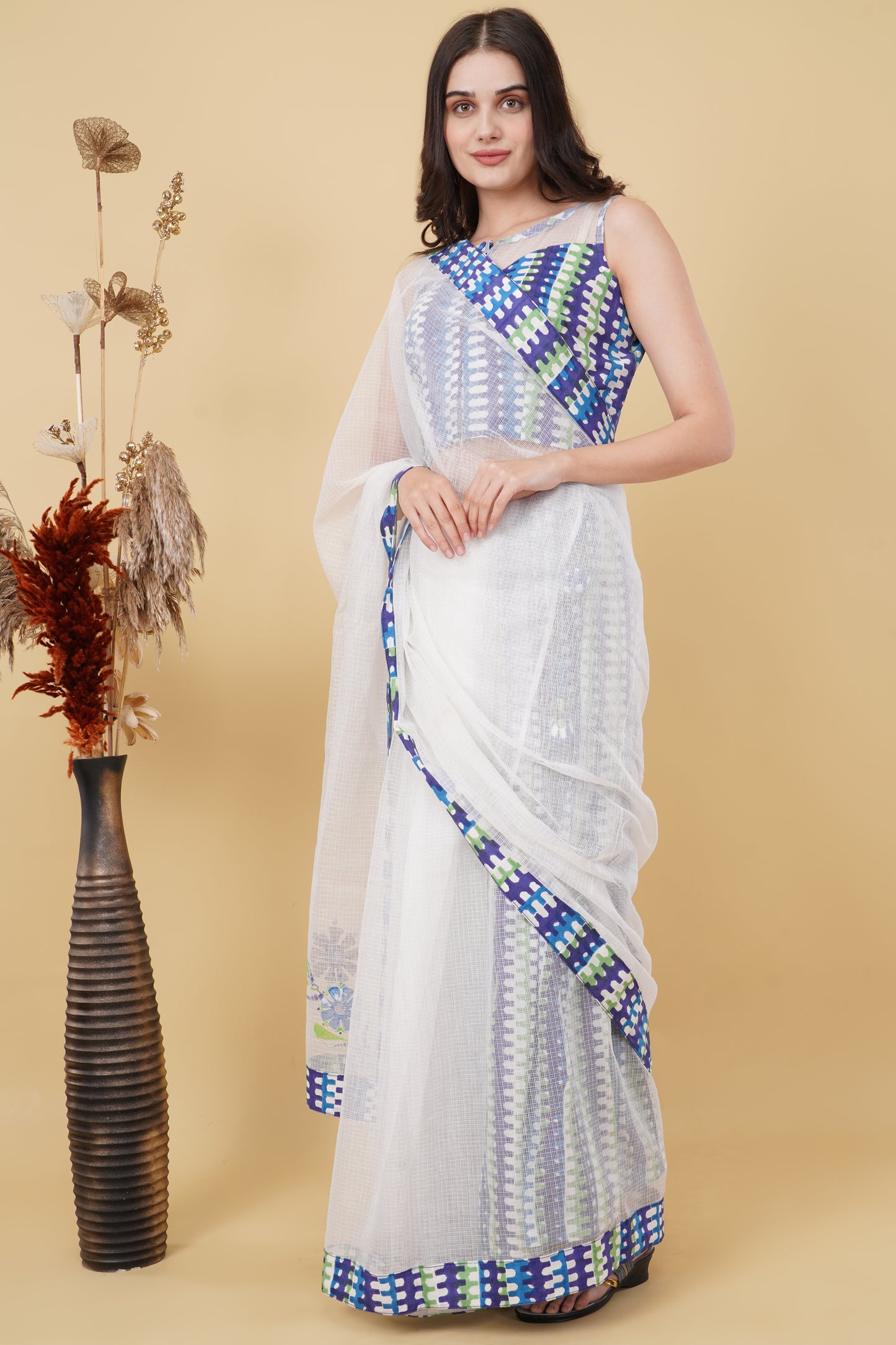 Blue and White Lehenga Saree Set