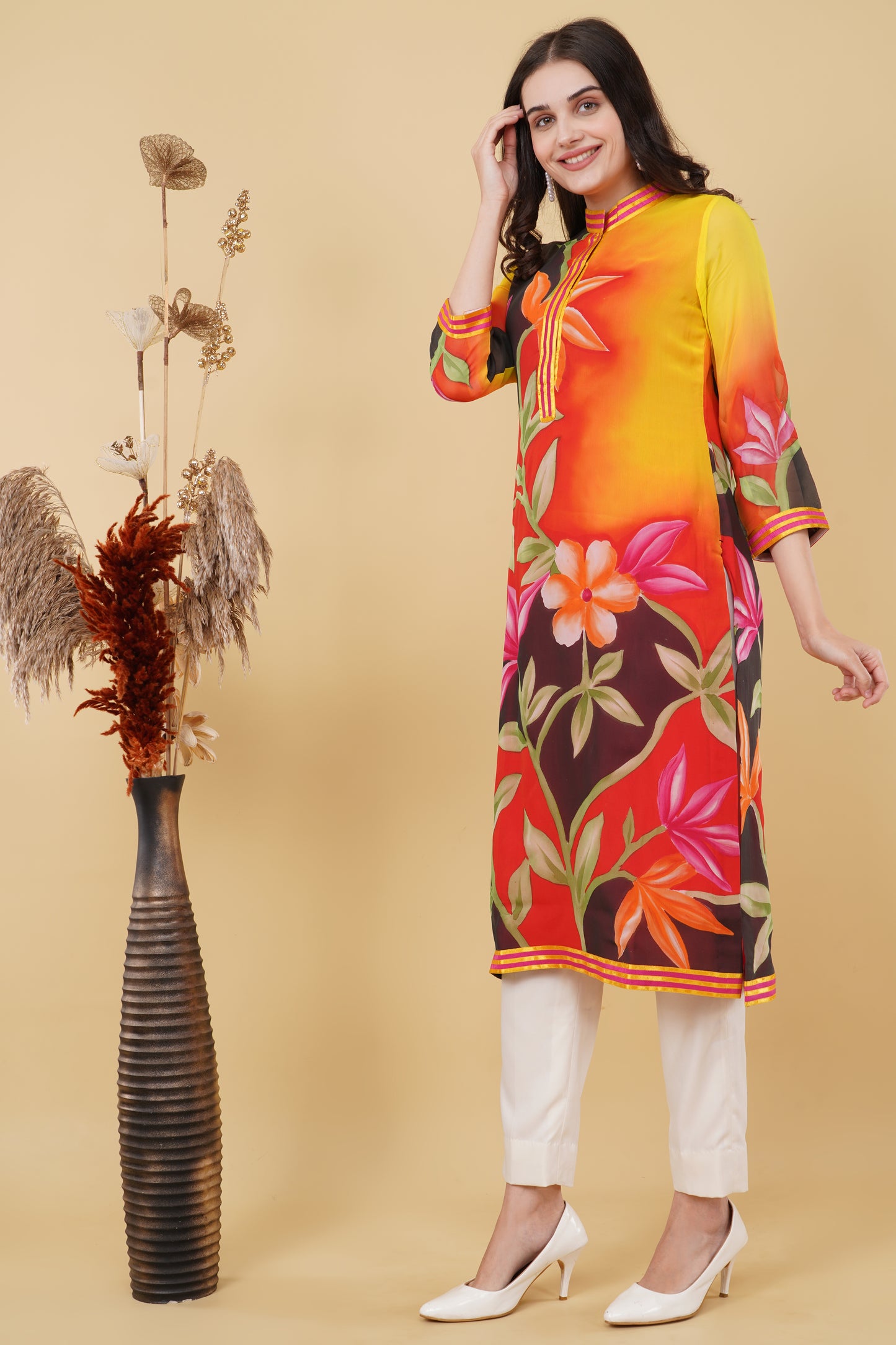 Red Summer Hand-Painted Kurti