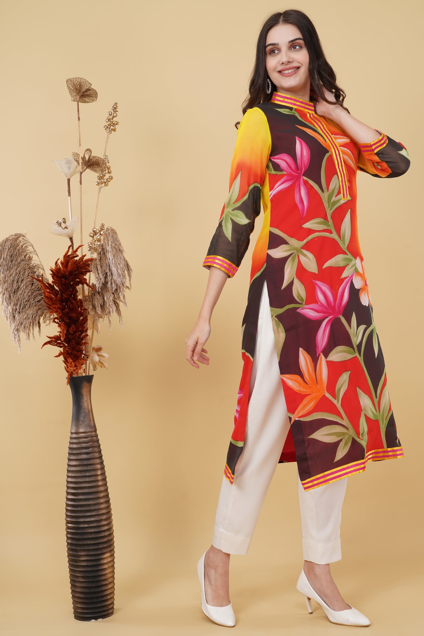 Red Summer Hand-Painted Kurti