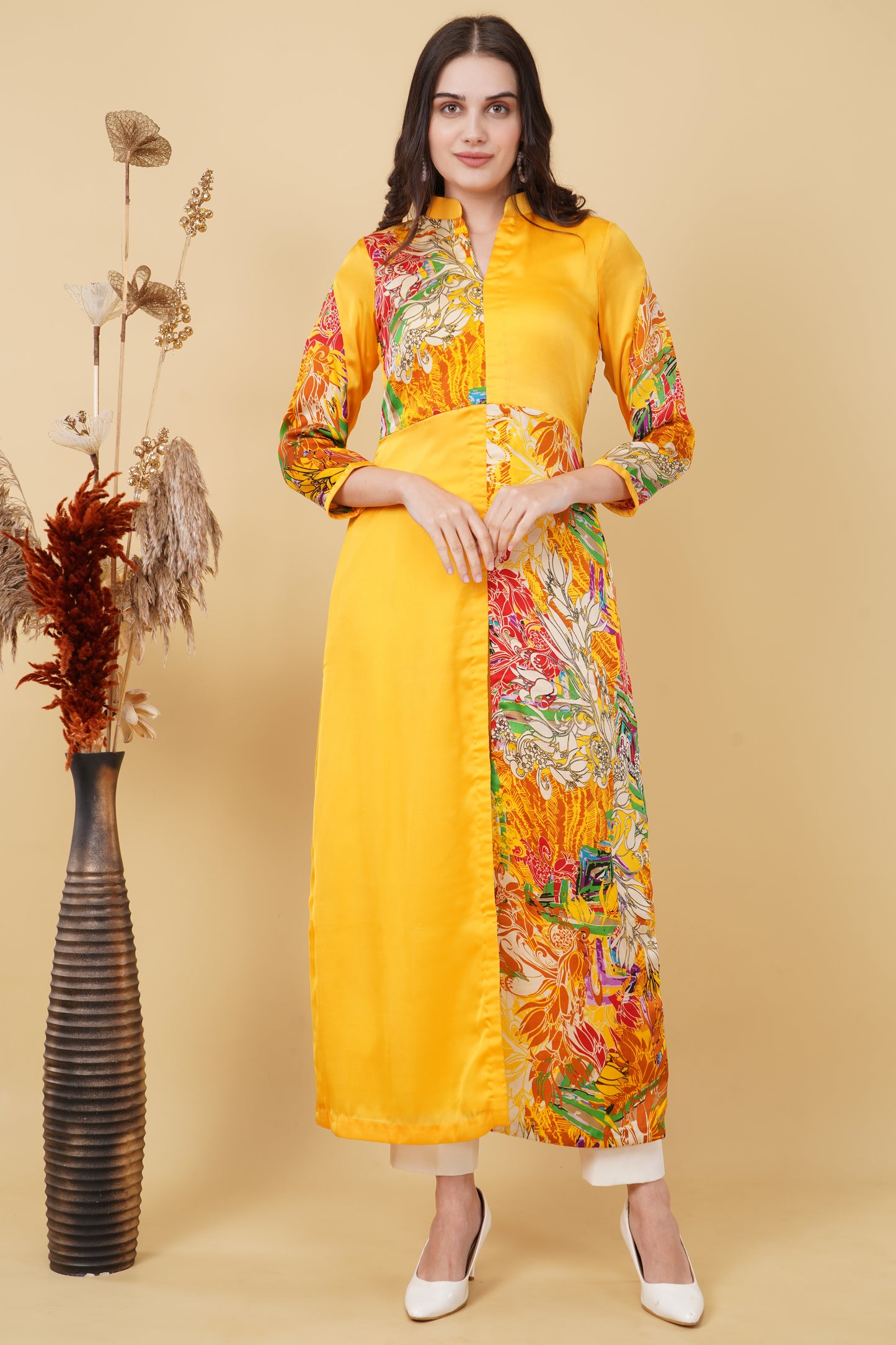 Yellow Floral Panelled Kurti