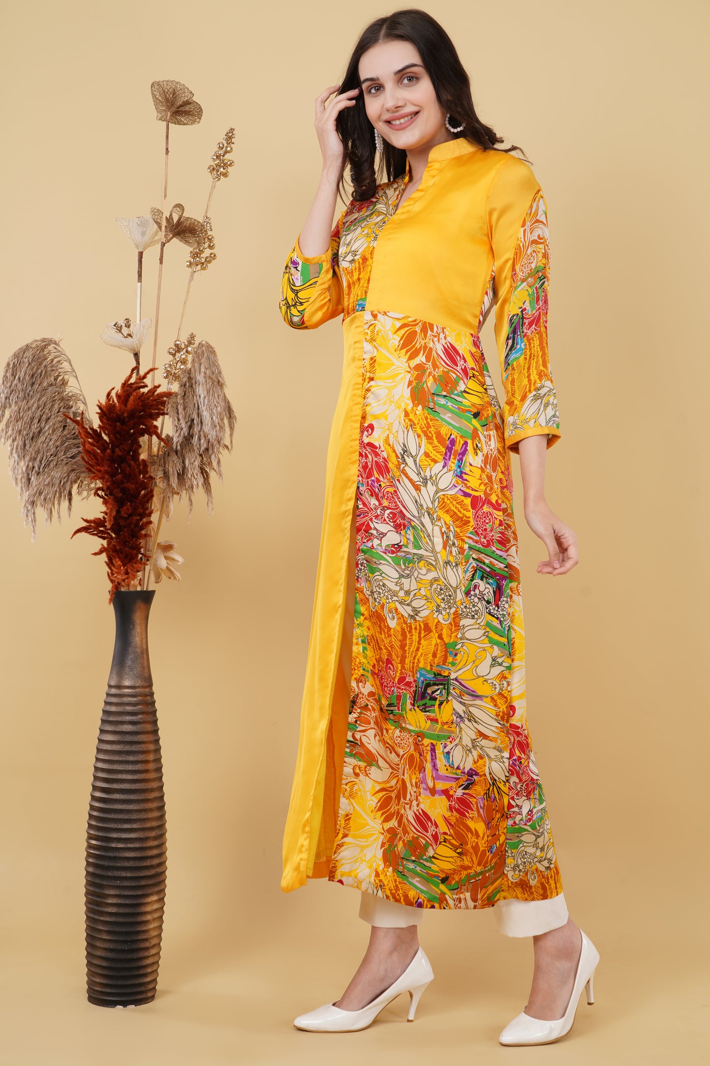 Yellow Floral Panelled Kurti