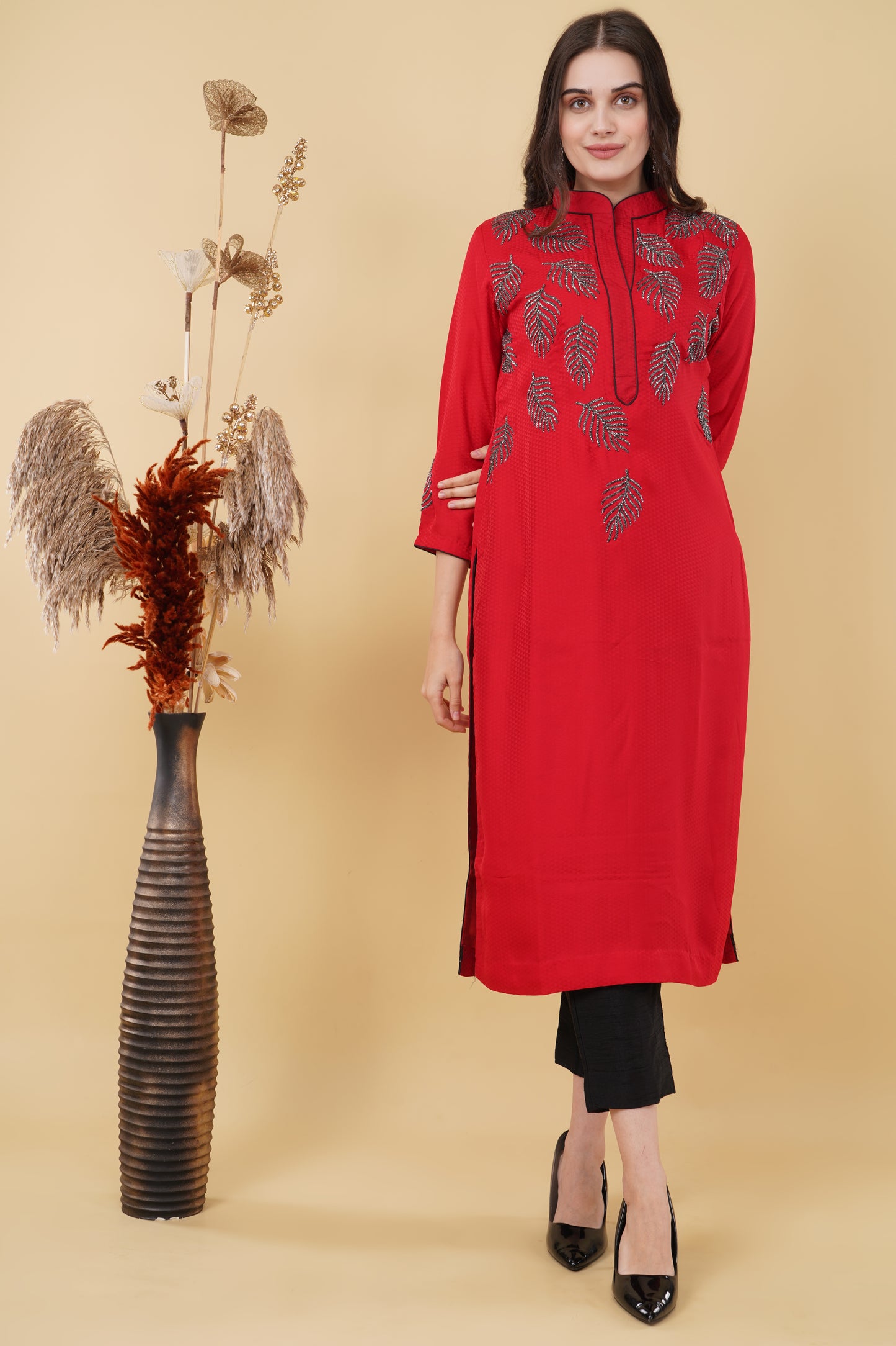 Red Embroidered Motifs Kurti