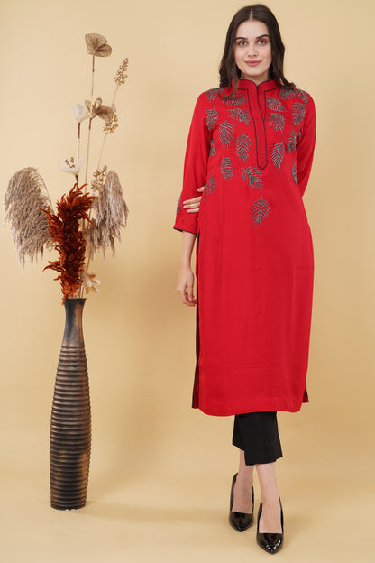 Red Embroidered Motifs Kurti