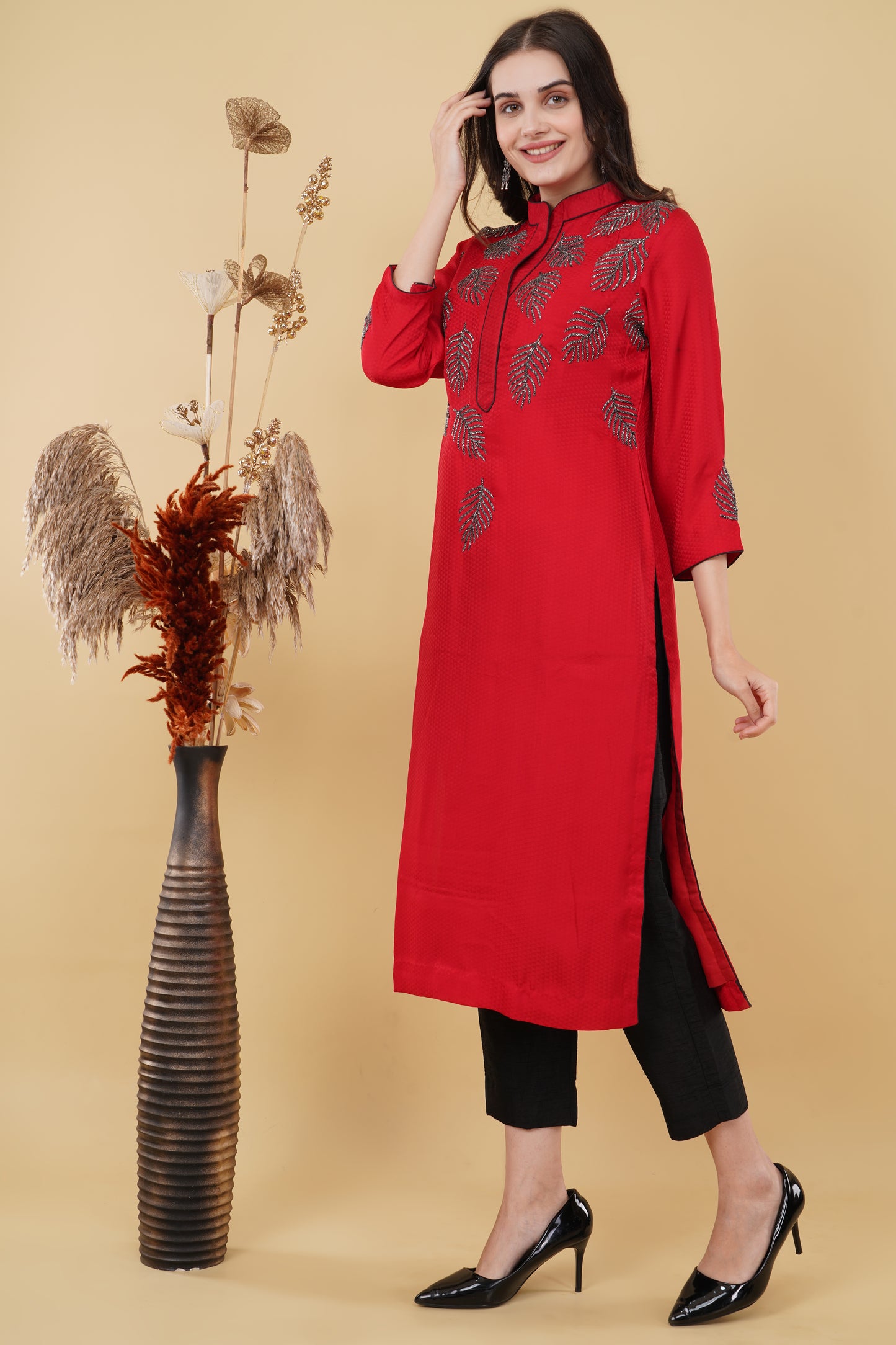 Red Embroidered Motifs Kurti