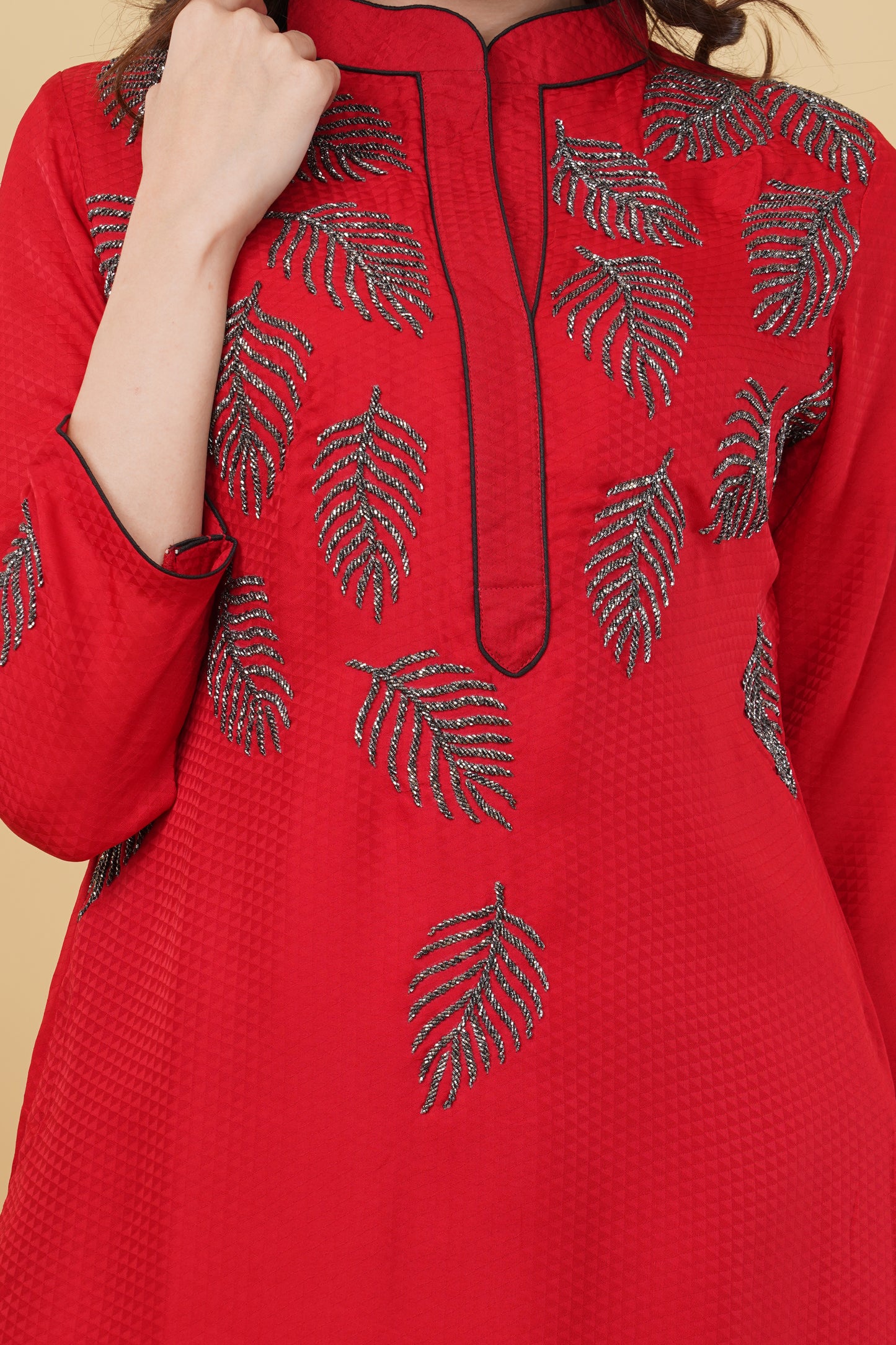 Red Embroidered Motifs Kurti