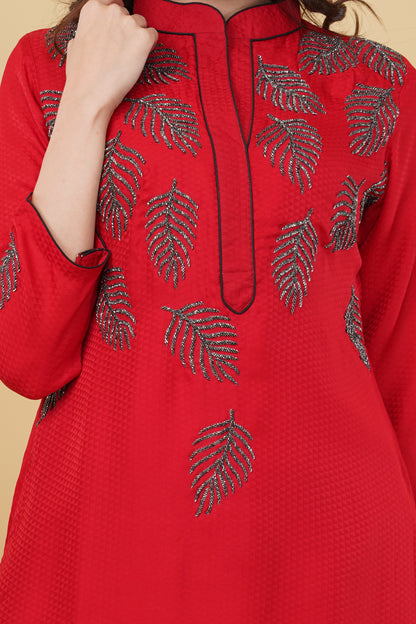 Red Embroidered Motifs Kurti