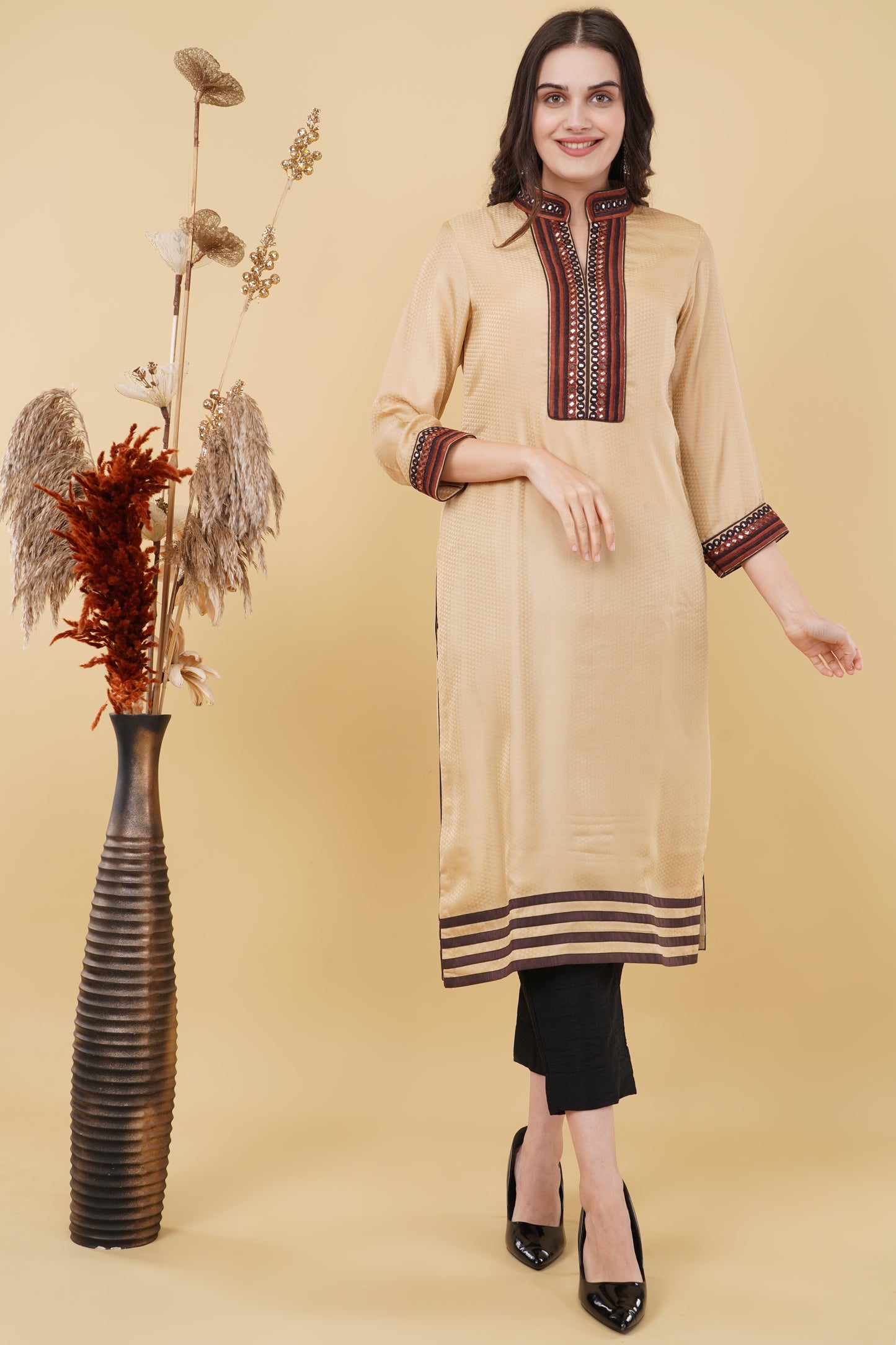 Beige Embroidered Kurti