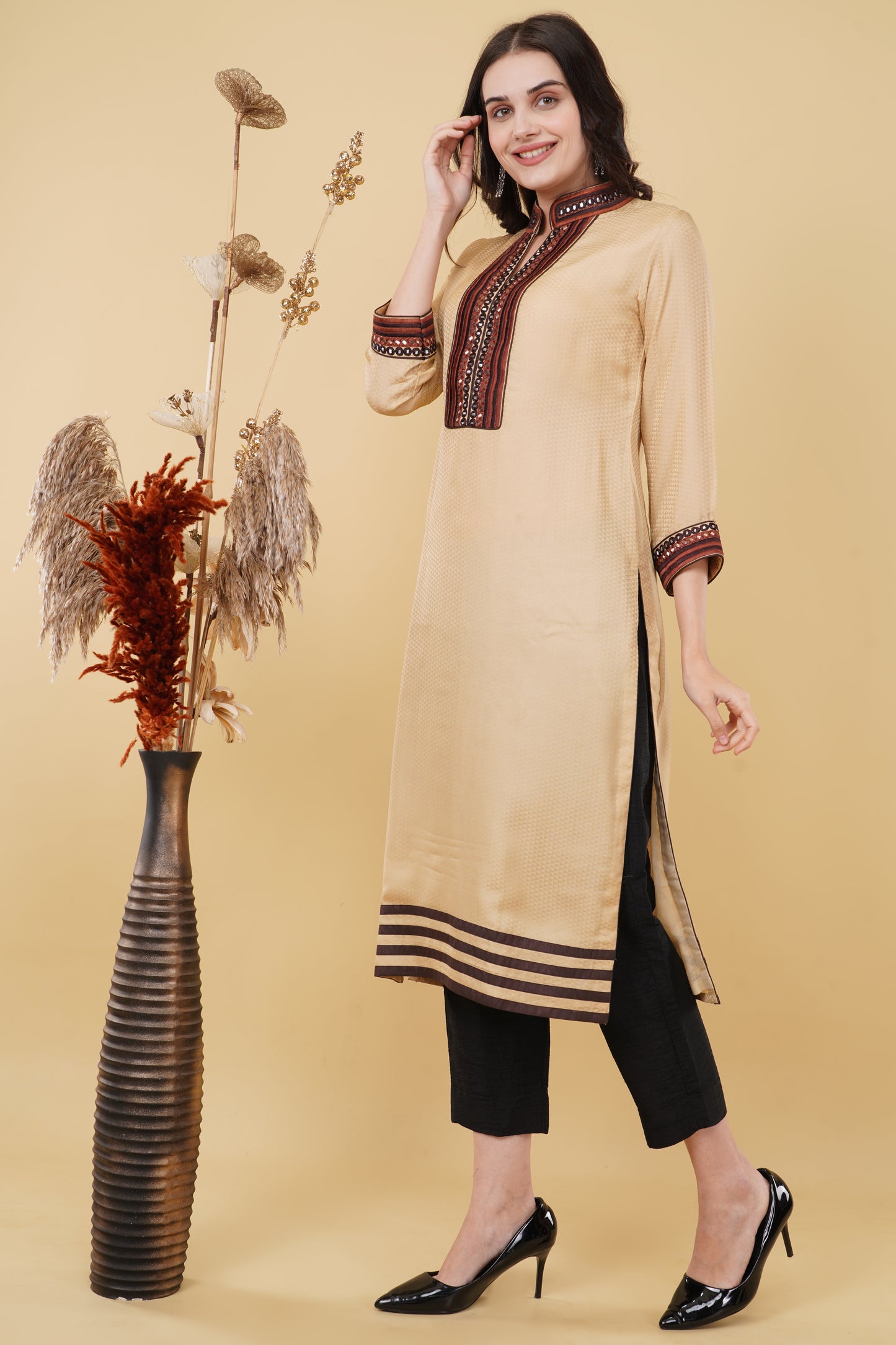 Beige Embroidered Kurti