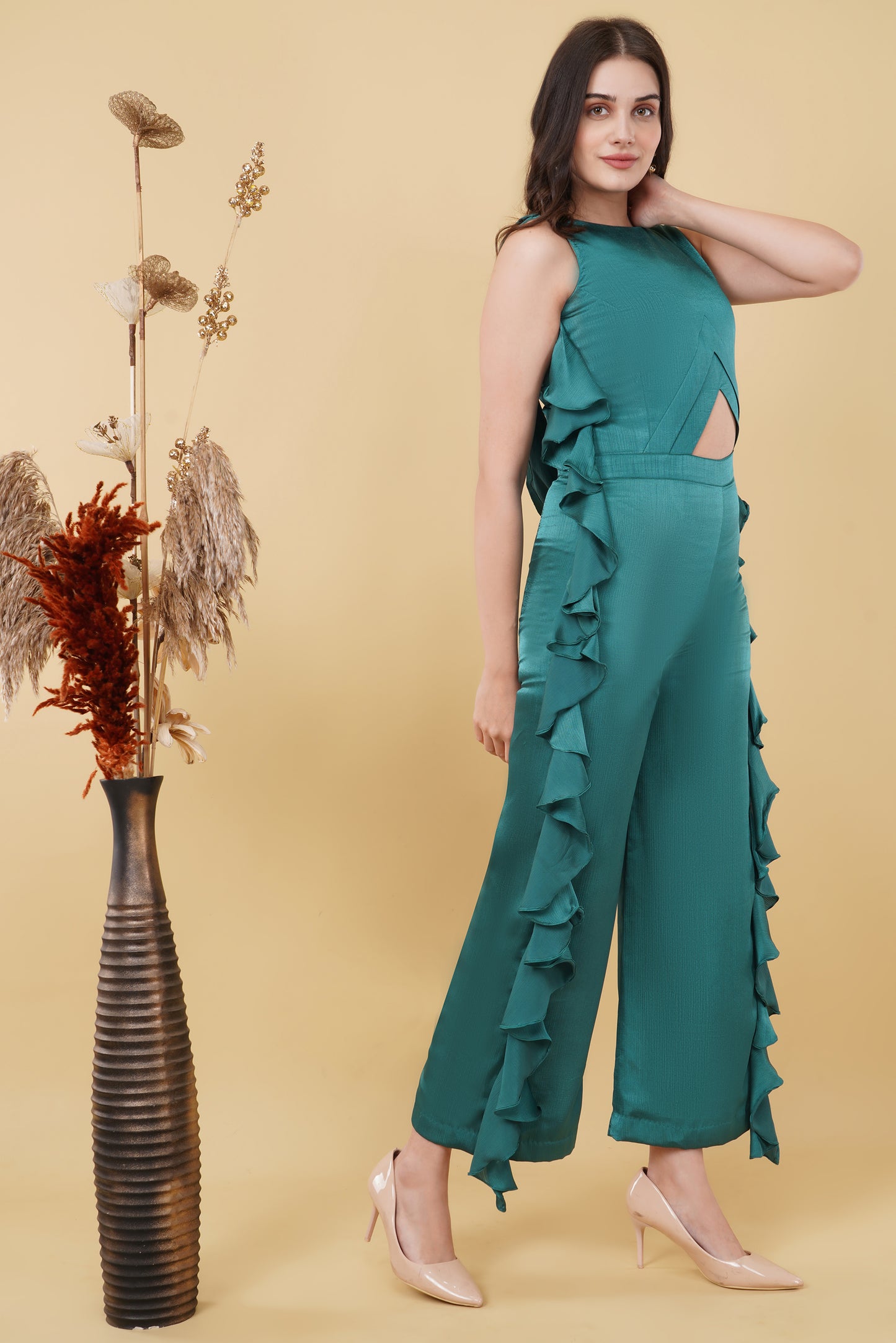 Teal Cascade Detail Cutout Jumpsuit