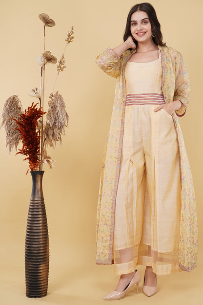Beige Printed Jumpsuit and Shrug Set