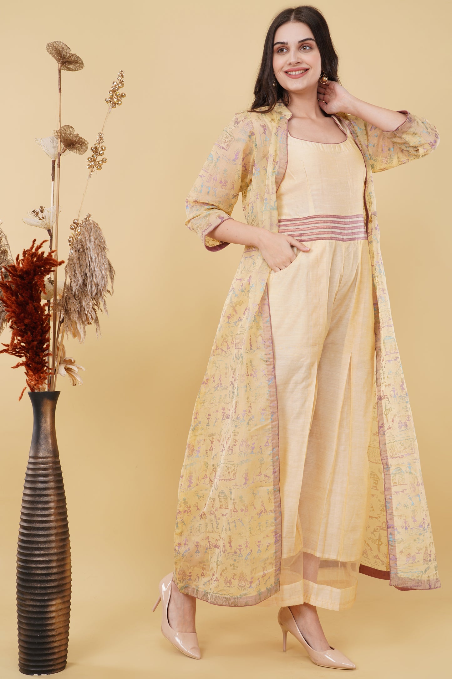 Beige Printed Jumpsuit and Shrug Set