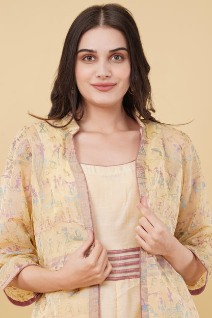 Beige Printed Jumpsuit and Shrug Set