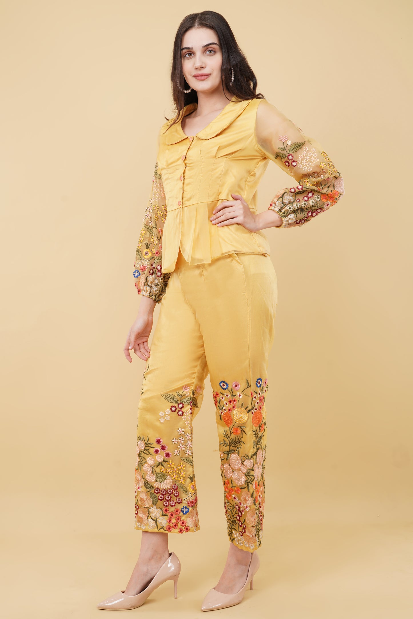 Ochre Yellow Floral Embroidered Co-ord Set