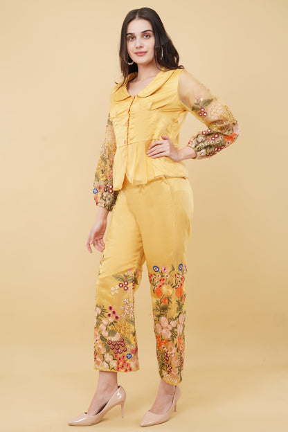 Ochre Yellow Floral Embroidered Co-ord Set