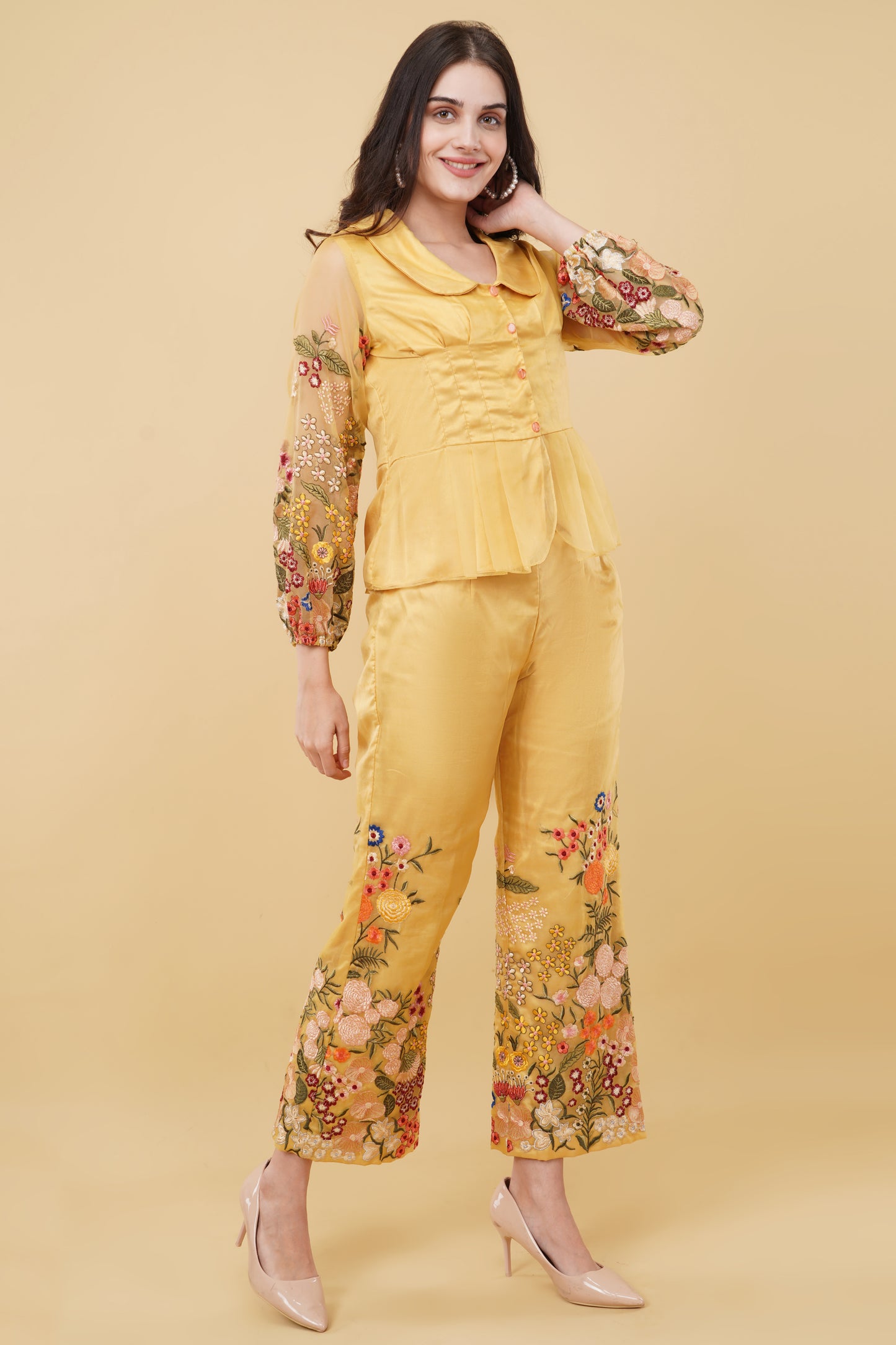 Ochre Yellow Floral Embroidered Co-ord Set