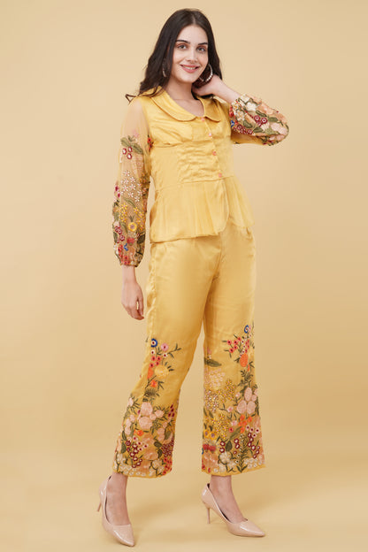 Ochre Yellow Floral Embroidered Co-ord Set