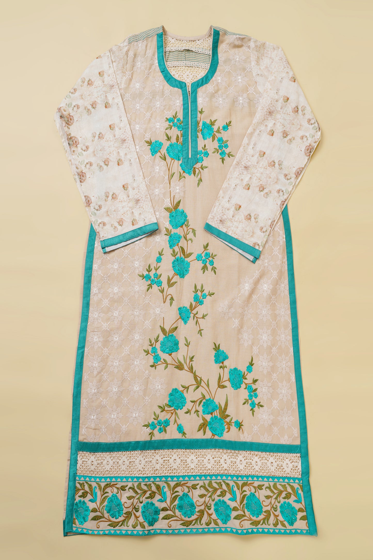 Cream and Teal Embroidered Unstitched Suit Piece