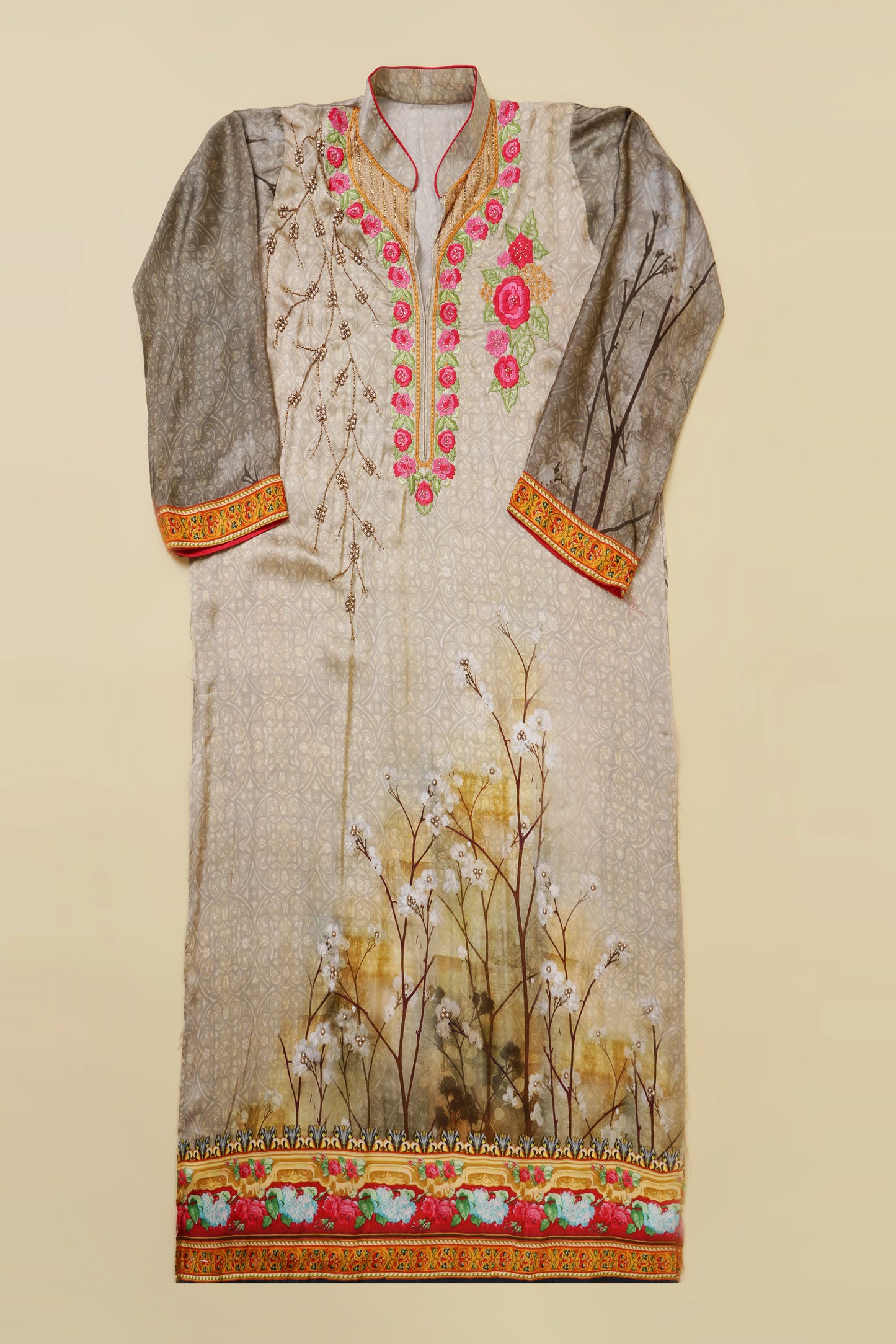Grey and Red Floral Embroidered Unstitched Suit Piece