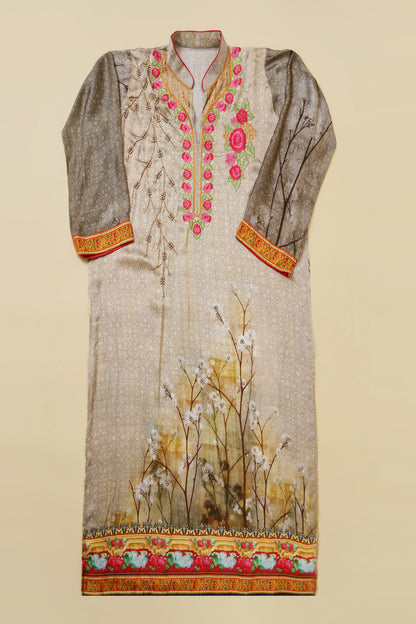 Grey and Red Floral Embroidered Unstitched Suit Piece