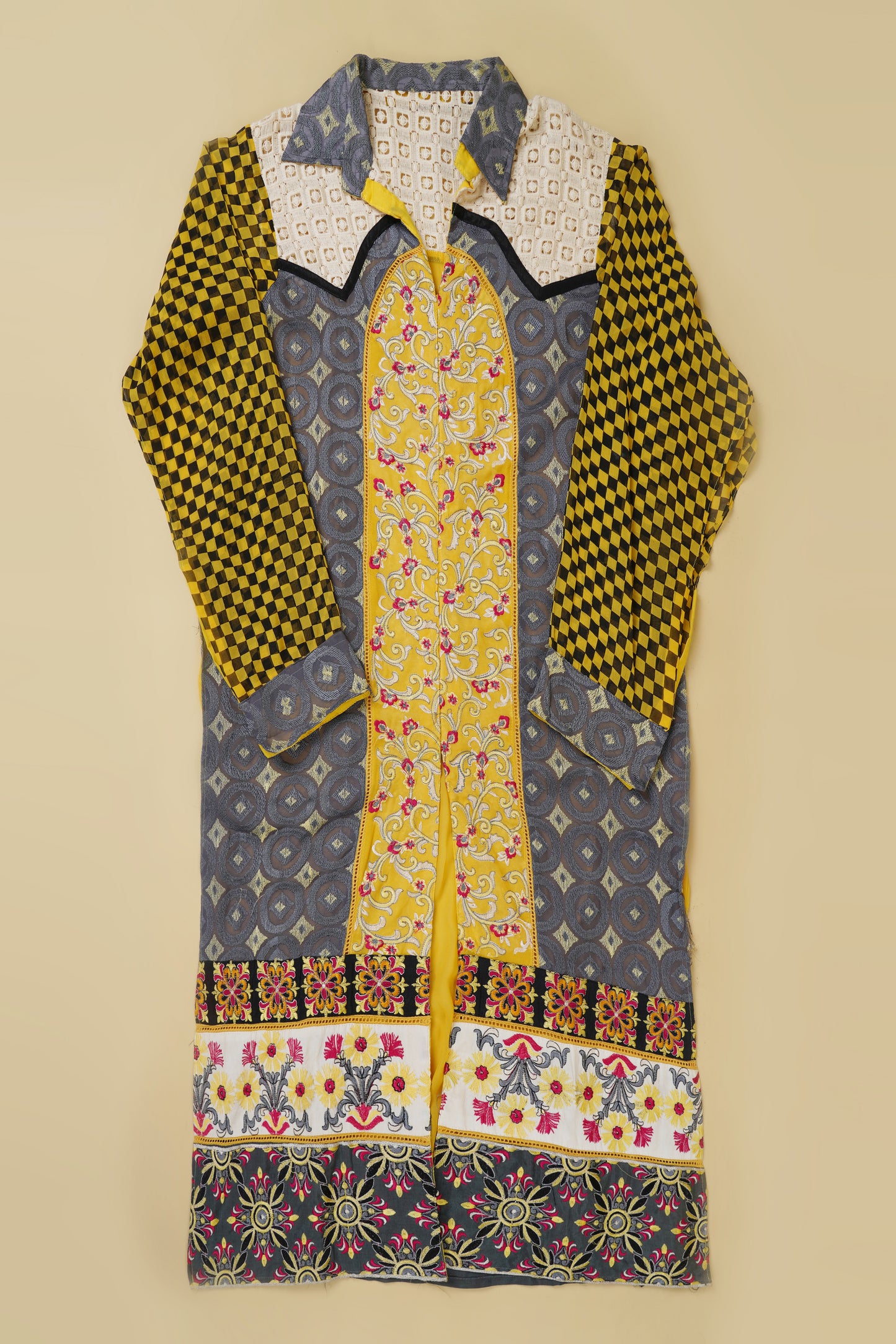 Yellow, Grey Lace and Pink Unstitched Suit Piece