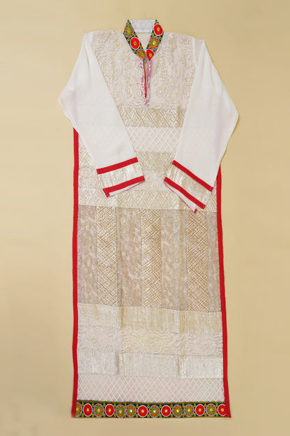 White and Red Lace Embroidered Unstitched Suit Piece
