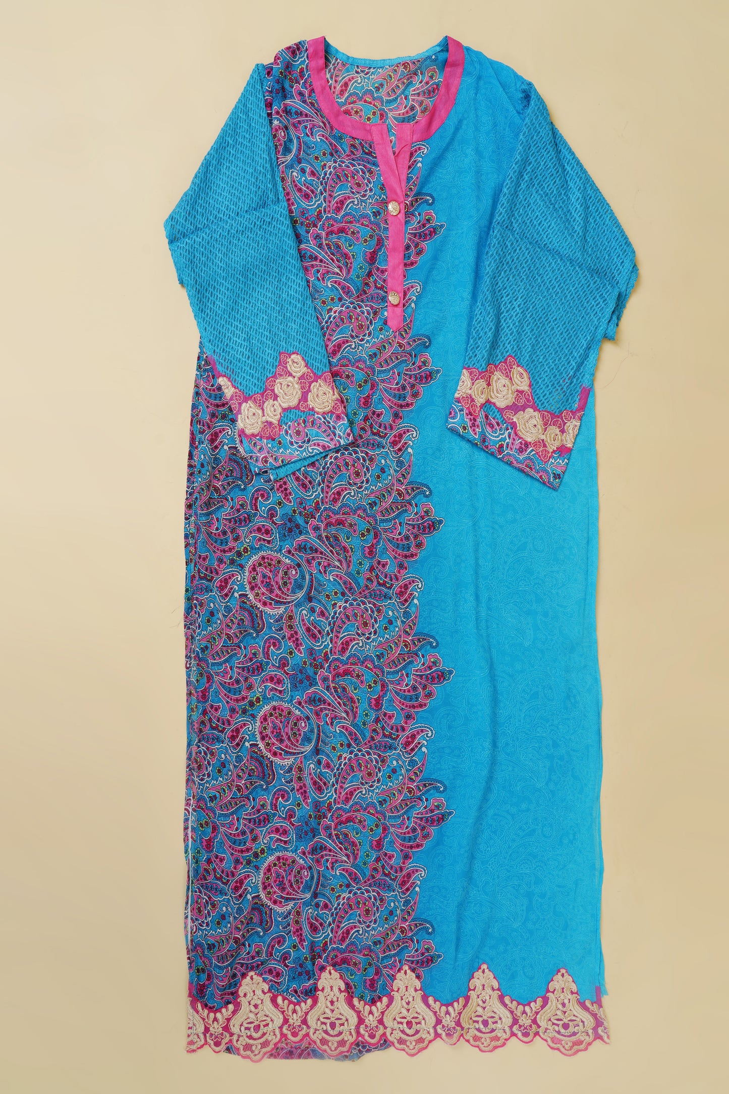 Blue, Pink and Beige Printed Unstitched Suit Piece